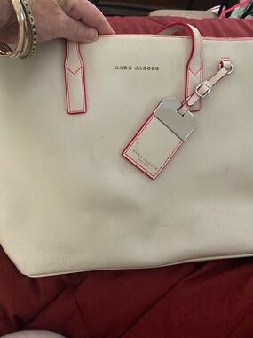 Marc Jacobs Cream Tote with Pink Trim and Luggage Tag